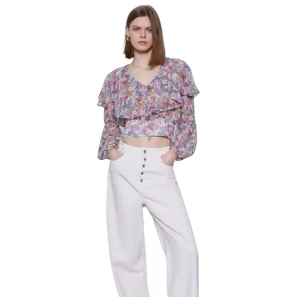 ZARA Floral Chiffon Boho Crop Top Size X-Small floral colorful Summer top - Picture 2 of 9